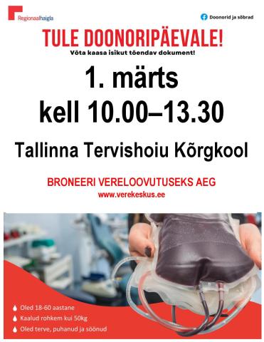 Juba teisipäeval (01.03) toimub Tallinna Tervishoiu Kõrgkoolis doonoripäev
